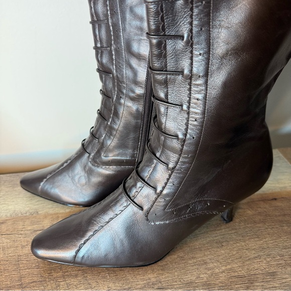 SILHOUETTES Brown Leather Knee High Zipper Boots Witchy Witch Kitten Victorian 9 - Picture 3 of 16